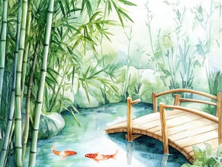 A serene bamboo landscape with a wooden bridge over a tranquil pond filled with colorful koi fish.