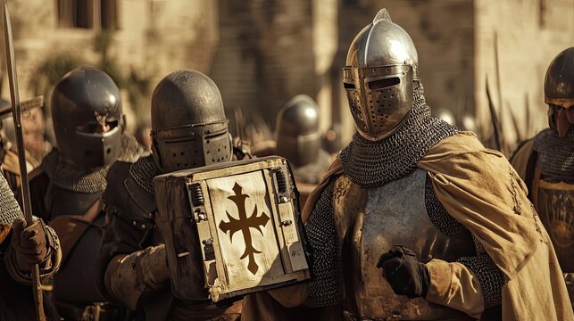 Medieval Knights in Full Armor Holding Shields and Weapons