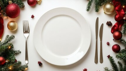 Christmas Banner Dinner Table Setting Frame With Empty Plate, Cutlery, Christmas Toys And Fir Tree. Winter Holidays Background transparent background