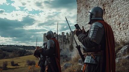 Medieval Knights in Armor Holding Smartphones and Swords