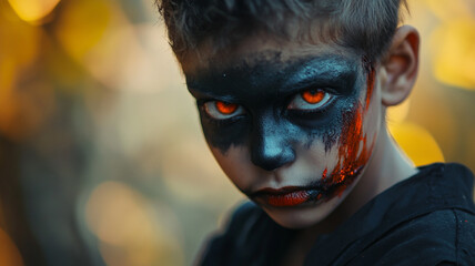 A young child dressed in Halloween costume with dramatic makeup and eerie lighting in autumn
