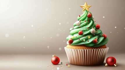 Christmas tree on cupcake, delicious xmas muffin with icing. Cream shaped like a christmas tree on cupcake, cake to celebrate seasonal holiday. transparent background