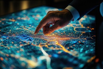 Naklejka premium Hand interacting with a digital city map interface.