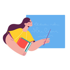 Woman at the blackboard explains new material