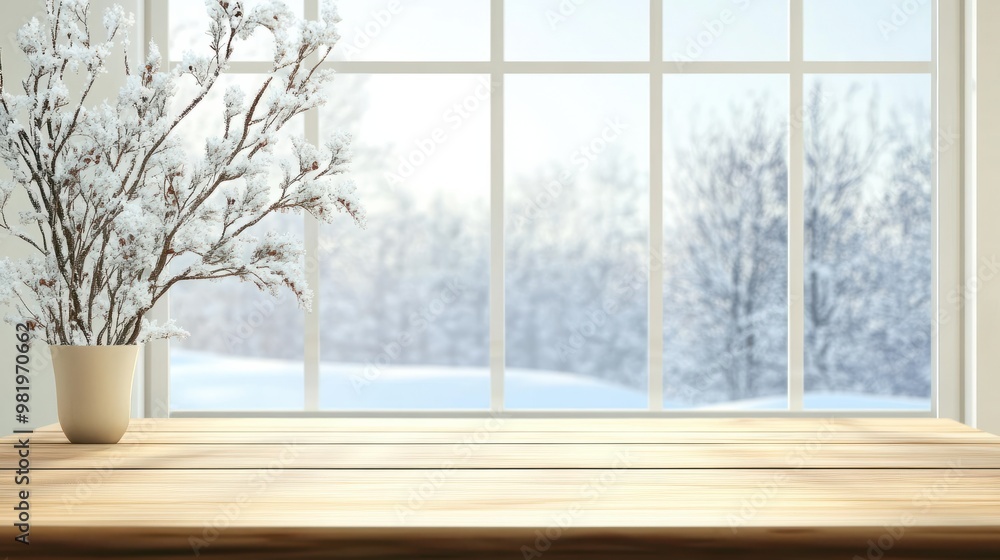 Aufkleber empty table and winter window in background transparent background