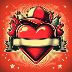A heart with a red hat and a bunch of bottles in the middle.