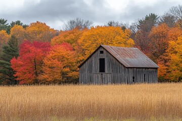 Obraz premium Old barn standing in front of forest with vibrant colors during autumn