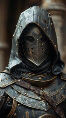Naklejka premium Fantasy Warrior in Dark Armor with Golden Mask