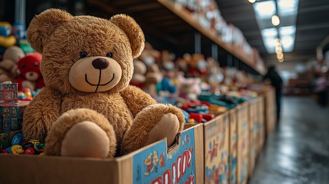 Brightly decorated donation box overflowing with toys, featuring a large teddy bear in the foreground, along with stuffed animals, dolls, and board games for a charity toy drive at a community center.