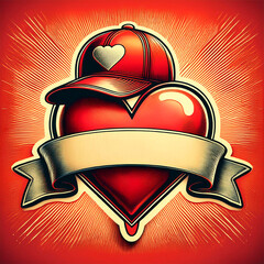 A heart with a red hat and a bunch of bottles in the middle.