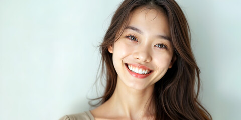 Closeup happy young asian woman in her 20s showing toothy smile, isolated on pastel blue background. Skin care, cosmetic surgery, healthy and white teeth, dental care. Dentistry concept.