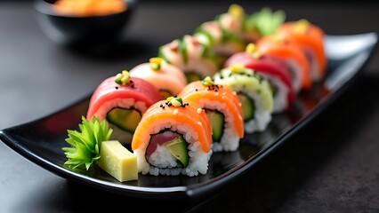 Artfully arranged sushi rolls on a black plate, presenting a visually appealing and delicious meal. Ideal for food and culinary content, highlighting elegant presentation and fresh ingredients.