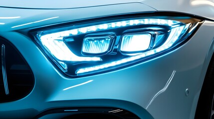 the headlights of a white car with the grill lights turned on