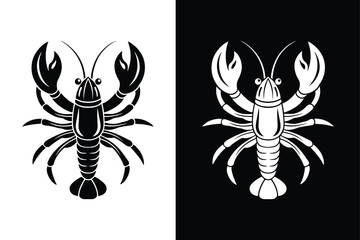 Striking Lobster Icon and Logo. Black and White Vector Silhouettes