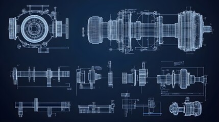 Fototapeta premium Vector rendering of industrial equipment such as valves presented in a wireframe style with layers of visible and invisible lines separated for orthographic views 