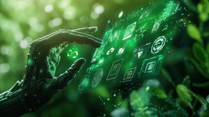 A cybernetic hand hovering over a digital interface displaying green energy and carbon reduction symbols