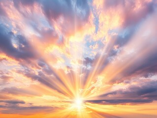 Obraz premium A stunning sunrise with vibrant colors and rays of light piercing through clouds, creating a serene and peaceful atmosphere.