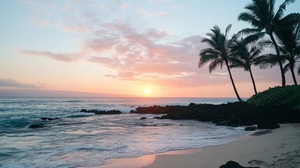 Tranquil Hawaiian Sunset on Beach, Silhouetted Palm Trees, and Gentle Waves on the Shore