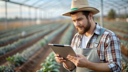 Fototapeta premium Farmer with Digital Tablet – A farmer using a tablet to manage finances in the field. 