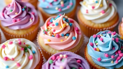 Beautifully decorated cupcakes with frosting and sprinkles, offering a delightful and colorful treat. Perfect for dessert content, showcasing creative and tasty confections.