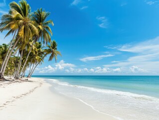 A tranquil beach scene featuring golden sand, clear water, and tropical palm trees under a bright blue sky.