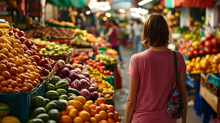Obraz premium A woman walking through vibrant market filled with fresh fruits, including oranges, watermelons, and various colorful produce. lively atmosphere evokes sense of exploration and enjoyment