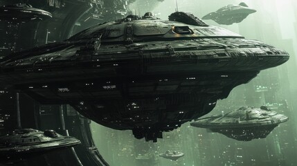 A futuristic alien mothership with multiple docking bays and smaller ships flying around it. The ship surface is smooth and reflective, designed for both exploration and combat.
