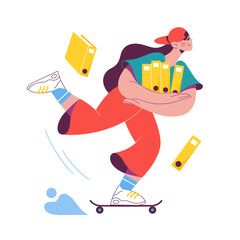 Woman on skateboard carrying file folders