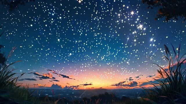 A starry night sky in anime style with dark blue and pink tones, and occasional orange shooting stars