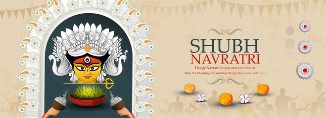creative vector sketch illustration of Goddess Durga puja celebration for,Subh Navratri,Durga Puja religious banner with colorful background.
