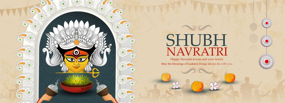creative vector sketch illustration of Goddess Durga puja celebration for,Subh Navratri,Durga Puja religious banner with colorful background.
