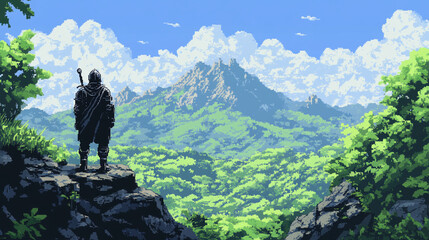 2d pixel art of knight in the green mountain and hill landscape, blue sky, 16 bit, 32 bit, game art	
