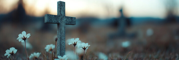 Serene graveyard landscape showcases delicate flora thriving alongside somber memorials, evoking reflection on mortality and renewal