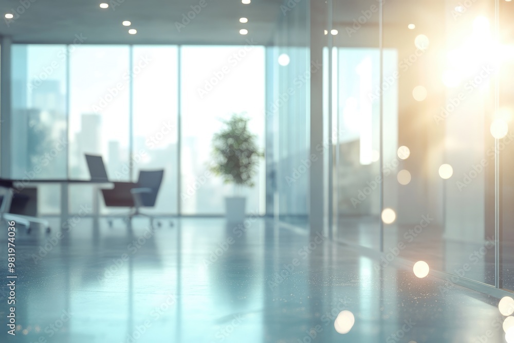 Poster blurred empty open space office. abstract light bokeh at office interior background