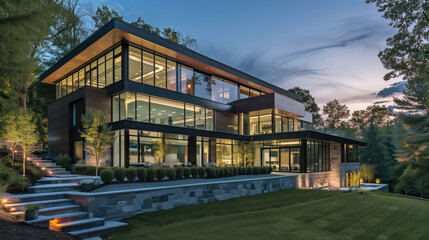 Naklejka premium Contemporary luxury home with sleek glass architecture and clean geometric design. Showcases open spaces, elegant structure, and landscaped gardens for a stylish lifestyle.