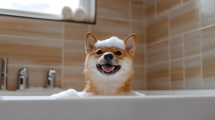 A Shiba Inu dog sits in a bathtub with a foamy head, smiling and looking at the camera.