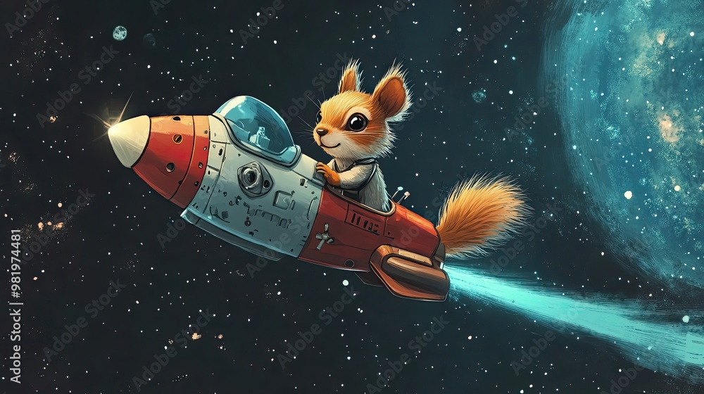 Aufkleber a squirrel pilot soaring through space in a red spaceship