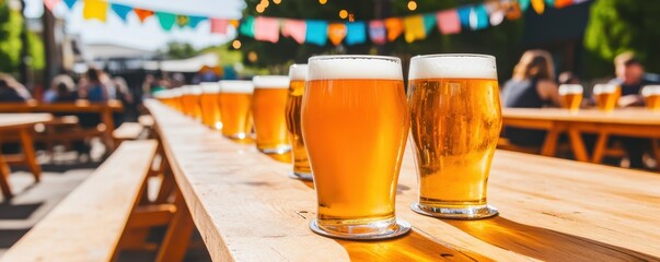Obraz premium A vibrant outdoor scene featuring refreshing beers on wooden tables, perfect for celebrations and summer gatherings.