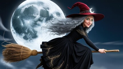 Witch flying past the moon on her broom, halloween