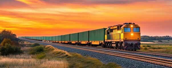 A vibrant sunset casts a warm glow over a freight train traveling along scenic railway tracks, embodying adventure and travel.