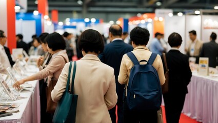 Blurred rear view of people browsing booths at an exhibition.