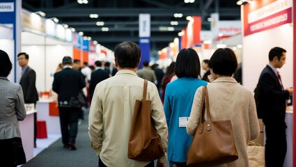 Blurred rear view of people browsing booths at an exhibition.