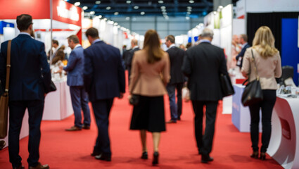 Blurred rear view of people browsing booths at an exhibition.