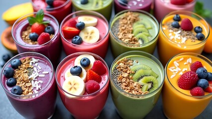 Fototapeta premium Colorful smoothie bowls topped with fresh fruit and granola, offering a vibrant and nutritious meal. Perfect for health, wellness, and food content showcasing a healthy breakfast.