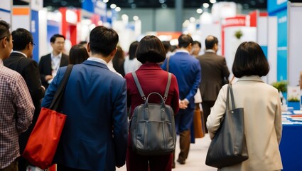 Blurred rear view of people browsing booths at an exhibition.