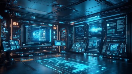 A 360-degree room filled with floating digital interfaces, displaying interactive data, holographic graphs, and AI analysis tools, lit with blue holographic light. [Tech, Hologram, Blue tones]