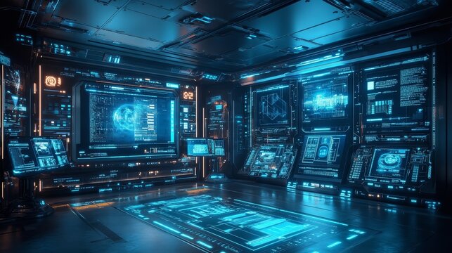 A 360-degree room filled with floating digital interfaces, displaying interactive data, holographic graphs, and AI analysis tools, lit with blue holographic light. [Tech, Hologram, Blue tones]