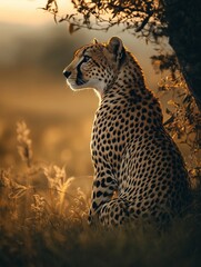 Obraz premium A cheetah sitting under a tree in the savanna