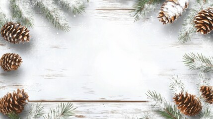Winter background with space for text. Wooden snowy white background with fir branches and pine cones. Christmas and New Year transparent background