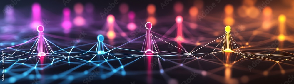 Poster abstract network concept with colorful nodes representing connections in technology, communication, 